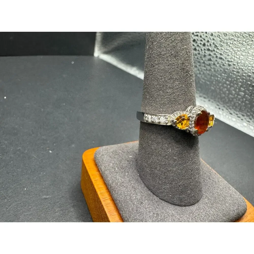 Vintage Sterling Silver 925 Hessonite Citrine Three Stone Halo Ring Accent